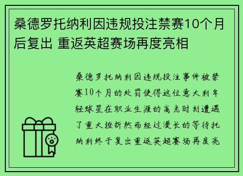 桑德罗托纳利因违规投注禁赛10个月后复出 重返英超赛场再度亮相 桑德罗托纳利因违规投注禁赛10个月后复出 重返英超赛场再度亮相